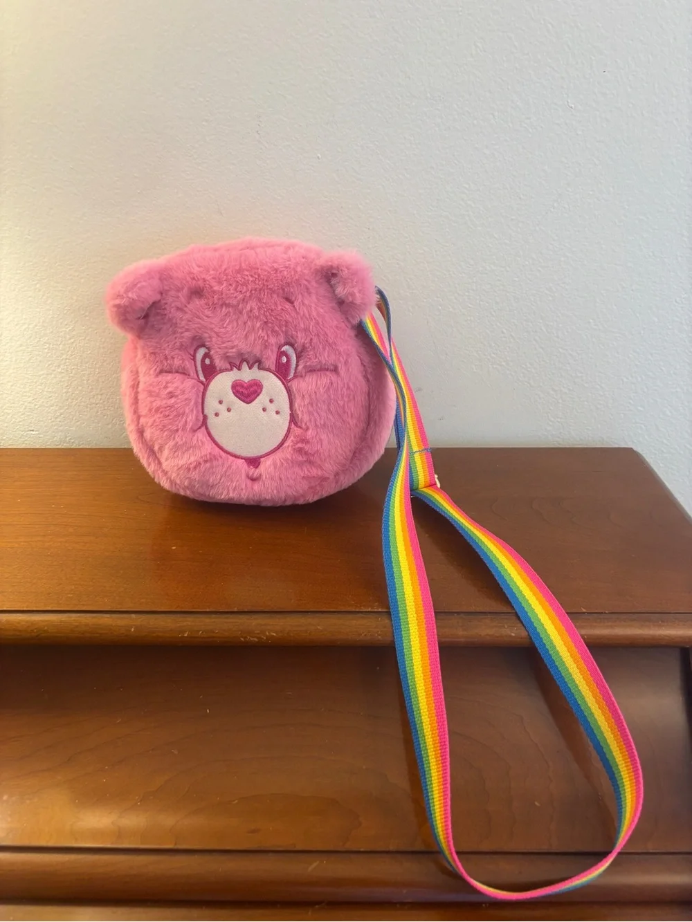Care Bears Cheer Bear Pink Plush Crossbody Bag Rainbow Strap NWOT